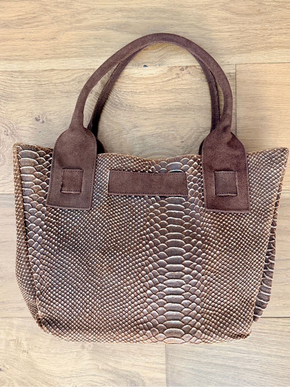 Longobardi Italian Brown Snake Embossed Leather Suede Bow Tote Bag Expandable - Picture 3 of 16